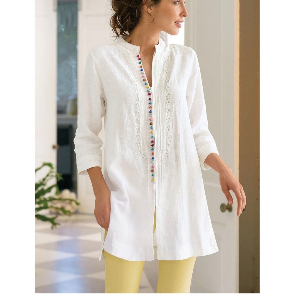 Soft Surroundings White Linen Embroidered Zip Front Tunic Blue Knotted Buttons M